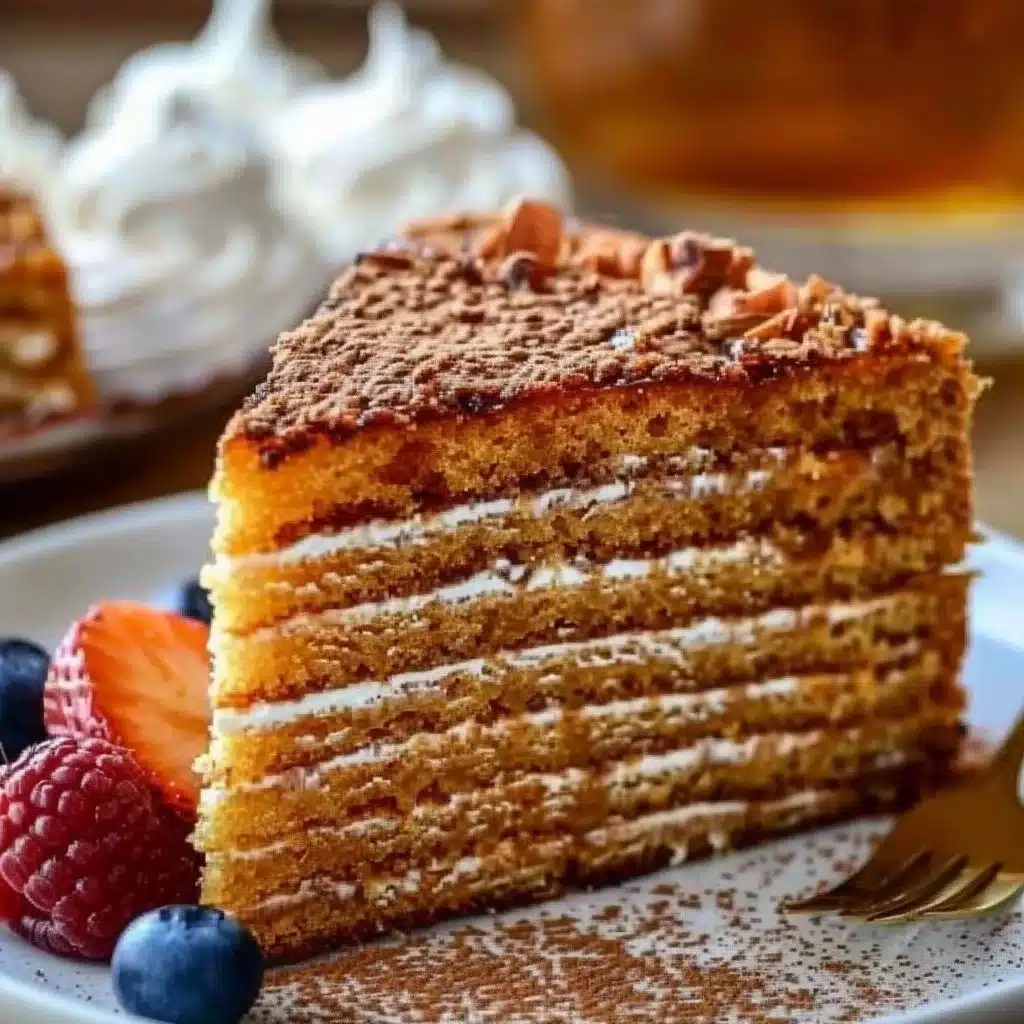 Easy Honey Cake 4 A beautifully sliced easy honey cake topped with honey and nuts.