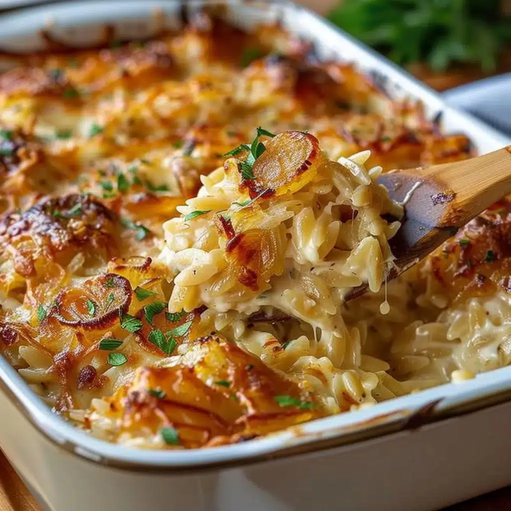 French Onion Chicken Orzo Casserole 4 Delicious French Onion Chicken Orzo Casserole topped with melted cheese