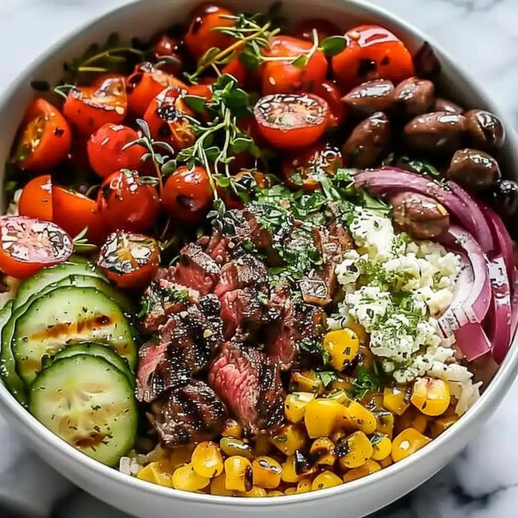 Mediterranean Steak Bowl 4 Delicious Mediterranean steak bowl with fresh vegetables and zesty sauce
