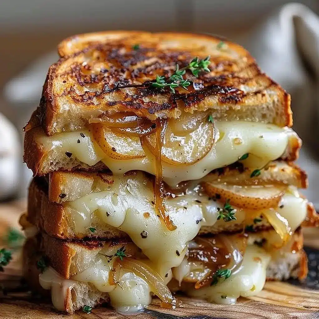 Pear & Apple Grilled Cheese With Caramelized Onions 4 Pear and apple grilled cheese sandwich with caramelized onions on a plate