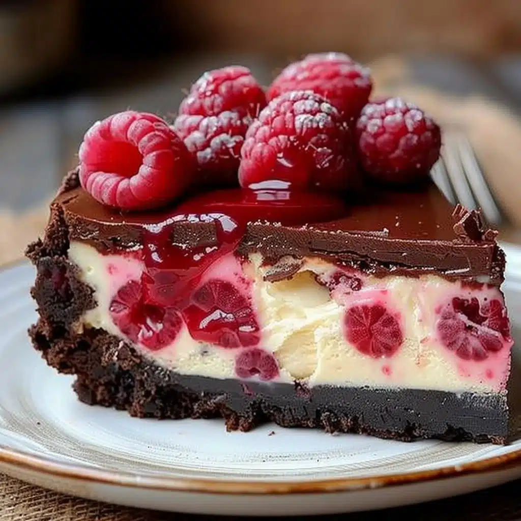 Raspberry Brownie Cheesecake: A Delight for Every Occasion! 4 Raspberry Brownie Cheesecake layered dessert topped with fresh raspberries