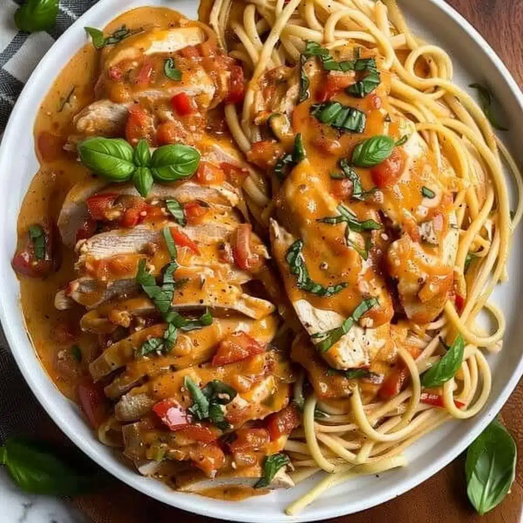Slow Cooker Creamy Tomato Basil Chicken 4 Plate of Slow Cooker Creamy Tomato Basil Chicken with basil garnishing