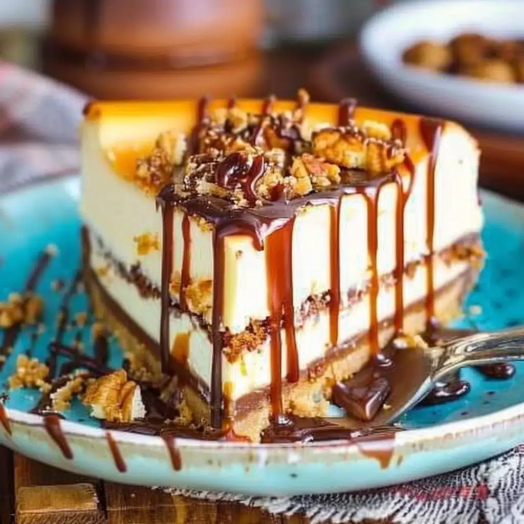 Turtle Cheesecake 4 Delicious Turtle Cheesecake topped with chocolate, caramel, and pecans.