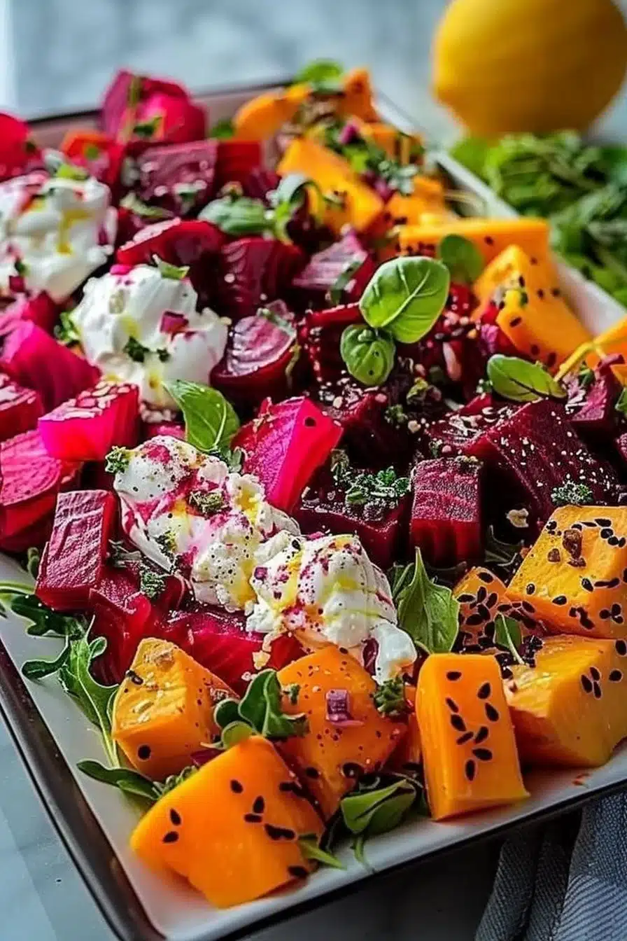 Roasted Beet, Sweet Potato & Avocado Salad with Whipped Ricotta & Lemon-Tahini Drizzle 3 Roasted Beet, Sweet Potato & Avocado Salad with Whipped Ricotta & Lemon-Tahini Drizzle