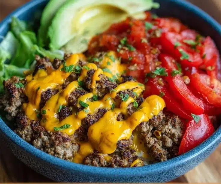 High-Protein Cheeseburger Bowls Recipe – Low-Carb Meal Prep with Ground Beef & Burger Sauce 3 High-Protein Cheeseburger Bowls Recipe – Low-Carb Meal Prep with Ground Beef & Burger Sauce