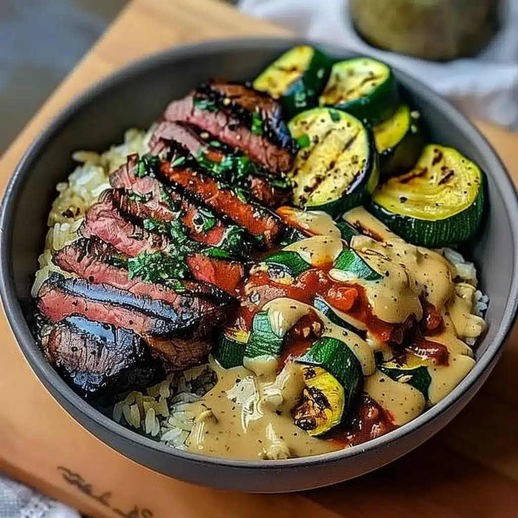 Grilled Steak Bowl with Sauce & Grilled Zucchini Bliss 3 Grilled Steak Bowl with Sauce & Grilled Zucchini Bliss